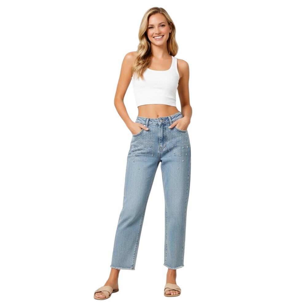 Simple Society Womens Jeans 7/28 Blue Rhinestone Y2K Bling Festival Glam Denim